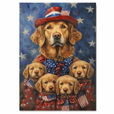Chesapeake Bay Retriever Mom with Four Puppies in American Flag Outfits and Starry Background Oil Painting on Ready to Hang 1.5" Thick Canvas Wrap, Floating Framed Canvas, Flat Rolled Canvas